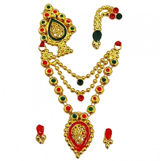 Golden meenakari mala set - Red green